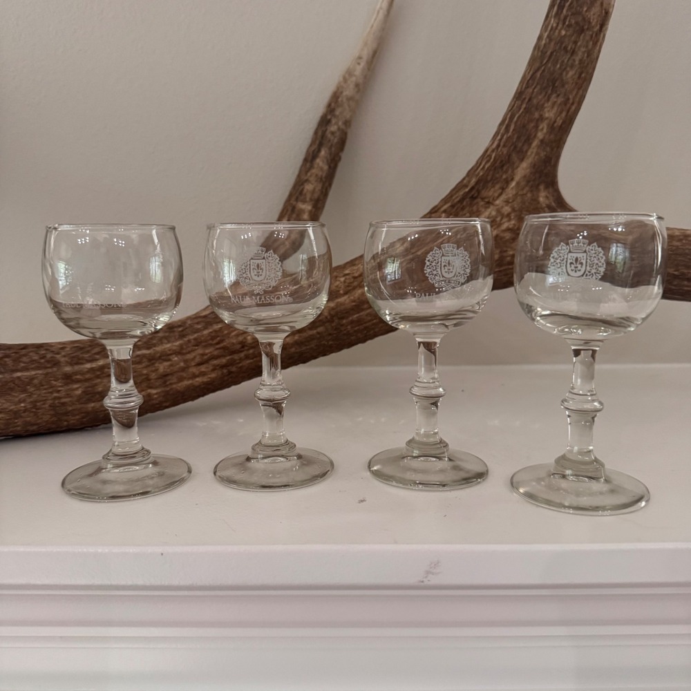 Vintage Paul Masson Etched Crest Cordial Sherry Tasting Glasses Stemmed Set of 4